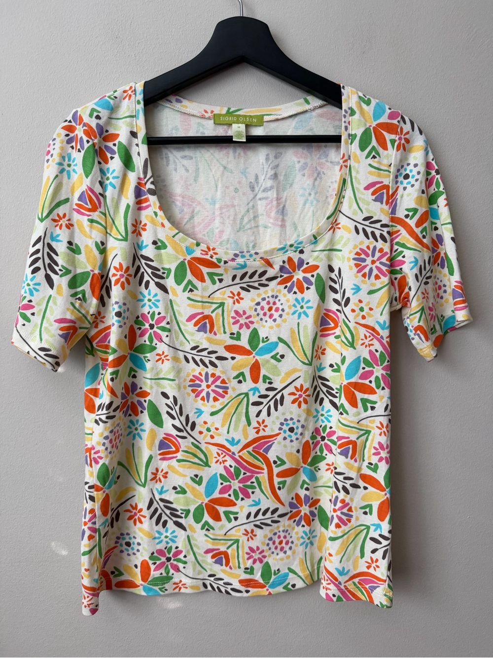 Sigrid Olsen Multicolor Abstract Floral Bird Scoop Neck Cotton Tee Shirt M NWOT